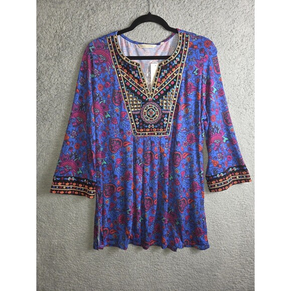 Soft Surroundings Top Womens M Blue Tamuri Embroidered Beaded Tunic Boho Hippie - Picture 1 of 11